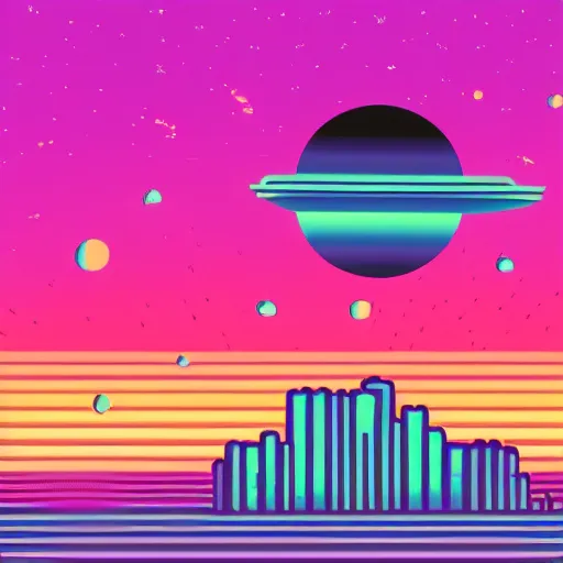 Image similar to flat synthwave illustration of a printer floating in space