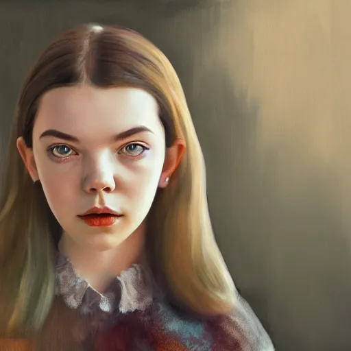 Prompt: ultra realistic painting of Anya Taylor-Joy adult, instagram by rxkun.jpeg, Olga Pietruszka, minweee, Organic Painting, Matte Painting, hard edges, textured photoshop brushes, soft focus, 8k, perfect lighting, high contrast, trending on artstation