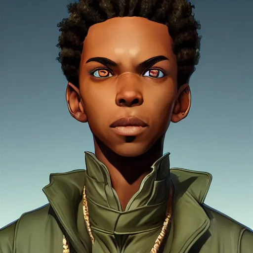 Prompt: Portrait of Riley freeman the boy with cornrows from the boondocks , Graceful body structure,cute,Symmetrical face,highly detailed,elegant,Marc Simonetti and Caspar David Friedrich, Trending on artstation