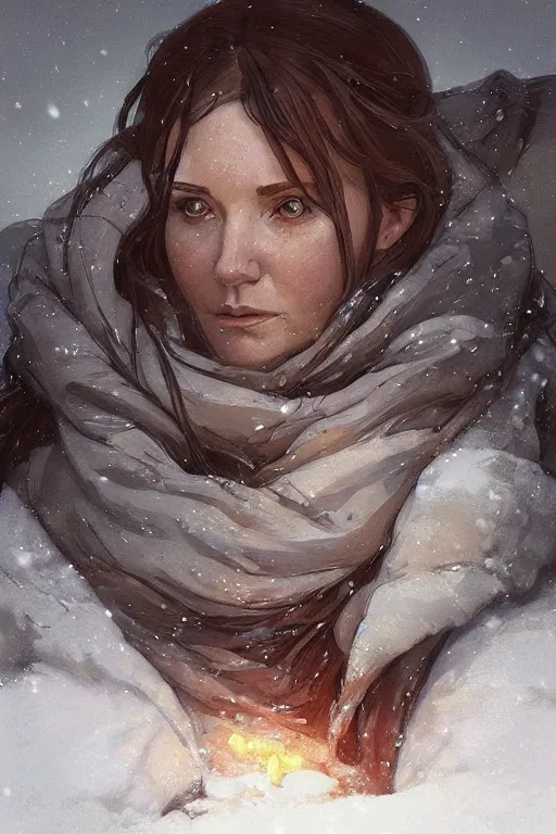 Image similar to portrait of a hungry and cold pregnant woman in the besieged Leningrad in winter, , digital painting, artstation, concept art, smooth, sharp focus, illustration, art by artgerm and greg rutkowski and alphonse mucha