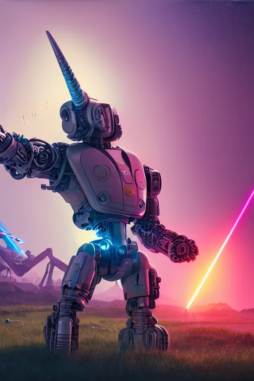 Prompt: Large cyborg shooting a laser, dead cyborg unicorn, epic, ultra hd, Painting By Simon Stalenhag, unreal 5, DAZ, hyperrealistic, octane render, dynamic lighting, intricate detail, summer vibrancy, cinematic