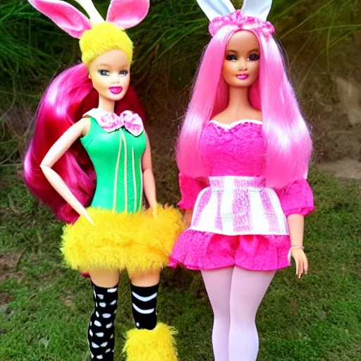 Image similar to barbie doll, bunny costume, playboy, rabbit ears, plaid tights, full length, raspberry banana color, lace