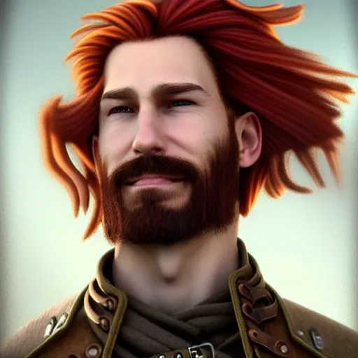 Image similar to portrait of a ruggedly handsome!!!!! male captain with long red hair!!!!!!, upper body, wavey hair, leather coat, friendly, Steampunk airship!!!!!!!, D&D, hairworks, Unreal 4, fantasy, simple clothing!!!!, elegant, highly detailed, digital painting, hairworks, deviantart, artstation, concept art, sharp focus, dramatic lighting, illustration, art by Artgerm and Greg Rutkowski and Alphonse Mucha