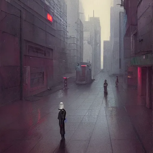 Prompt: dreary realism portrait of masked cyber punk helmet on the art deco streets of the big city, artstation, award - winning realistic sci - fi concept art by jim burns and greg rutkowski, beksinski, a realism masterpiece, muted color palette, james gilleard, bruegel, alphonse mucha, and yoshitaka amano