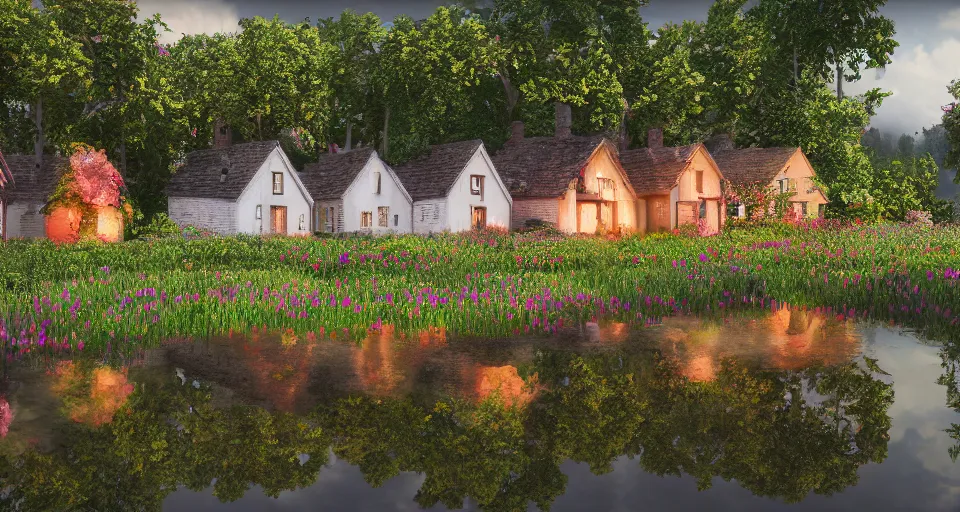 Image similar to a small village in the countryside on a rainy, reflections flowers, trees, colourful wooden houses, Scandinavian style, trending on artstation, octane render, highly detailed, 70mm, cinematic, atmospheric, cute