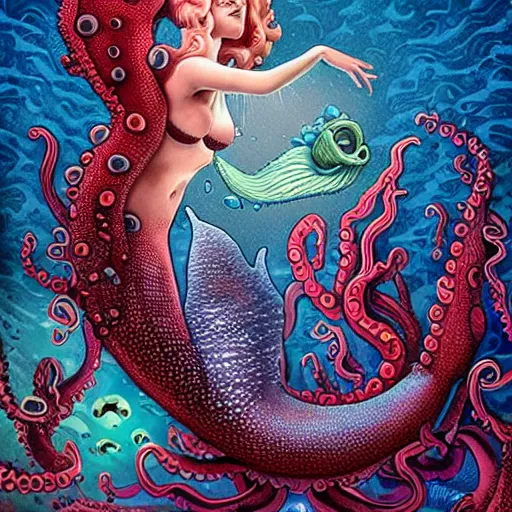 Image similar to underwater lofi scorn lovecraftian lovecraft mermaid portrait, octopus, Pixar style, by Tristan Eaton Stanley Artgerm and Tom Bagshaw.