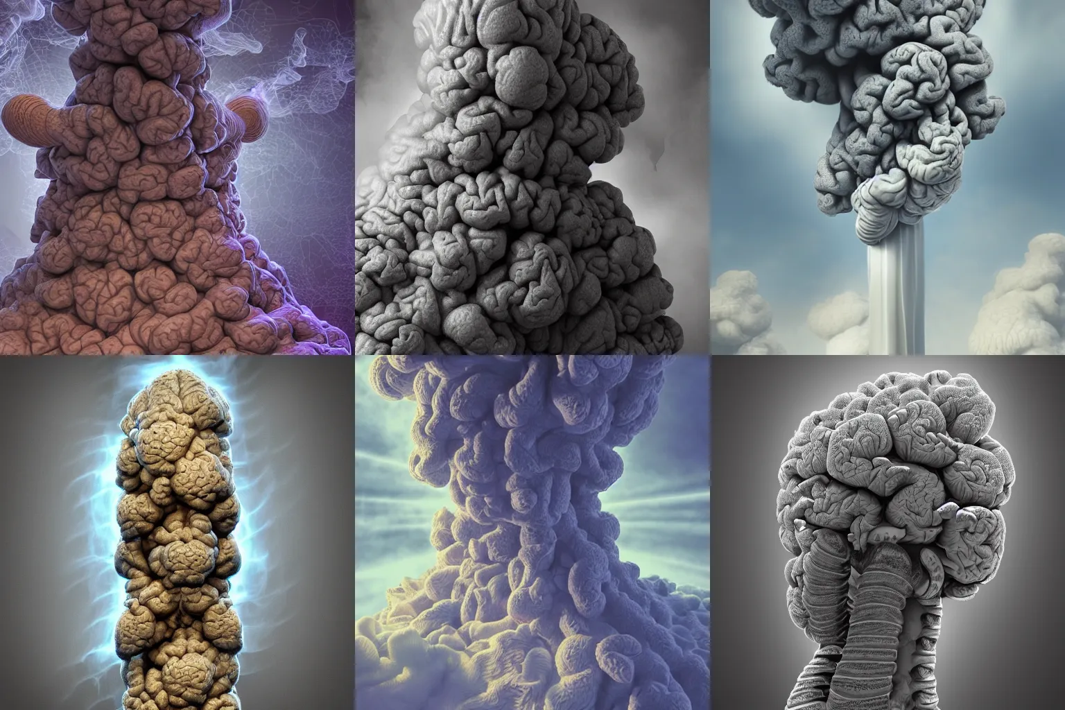 Prompt: highly detailed intricate render of a billowing smoke column made of brains, fractal, pastel, heavenly, dramatic lighting, god rays, trending on artstation