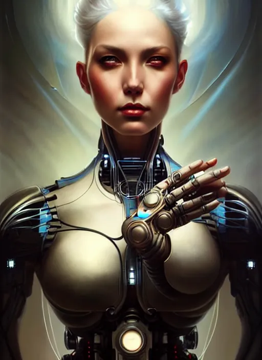 Image similar to a beautiful woman with cybernetic muscles, painted by artgerm and tom bagshaw, fantasy art, dramatic lighting, highly detailed oil painting