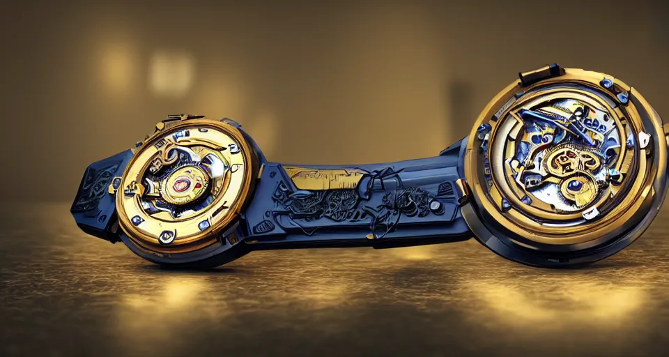 Image similar to complex 3 d render of a futuristic steampunk watch lying on a table, high detail, sharp focus, glowing blue interior components, intricate detail, depth of field, bokeh, cinematic lighting and composition, octane render, film grain, ulysse nardin