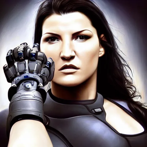Image similar to beautiful digital painting of gina carano with a robotic cybernetic metallic grey arm, cyberpunk, highly detailed, hyperrealism, concept art, 8 k