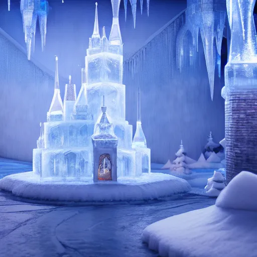 Image similar to inside a magical ice kingdom city with people walking around, highly detailed, 4k, HDR, award-winning, octane render, trending on artstation, volumetric lighting