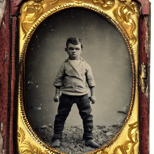 Prompt: tintype photo, boy with arms for legs