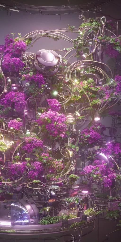 Image similar to a lovely mechanical cornucopia of flowers sci-fi futuristic utopian machine parts wires circuits highly detailed octane render cinematic