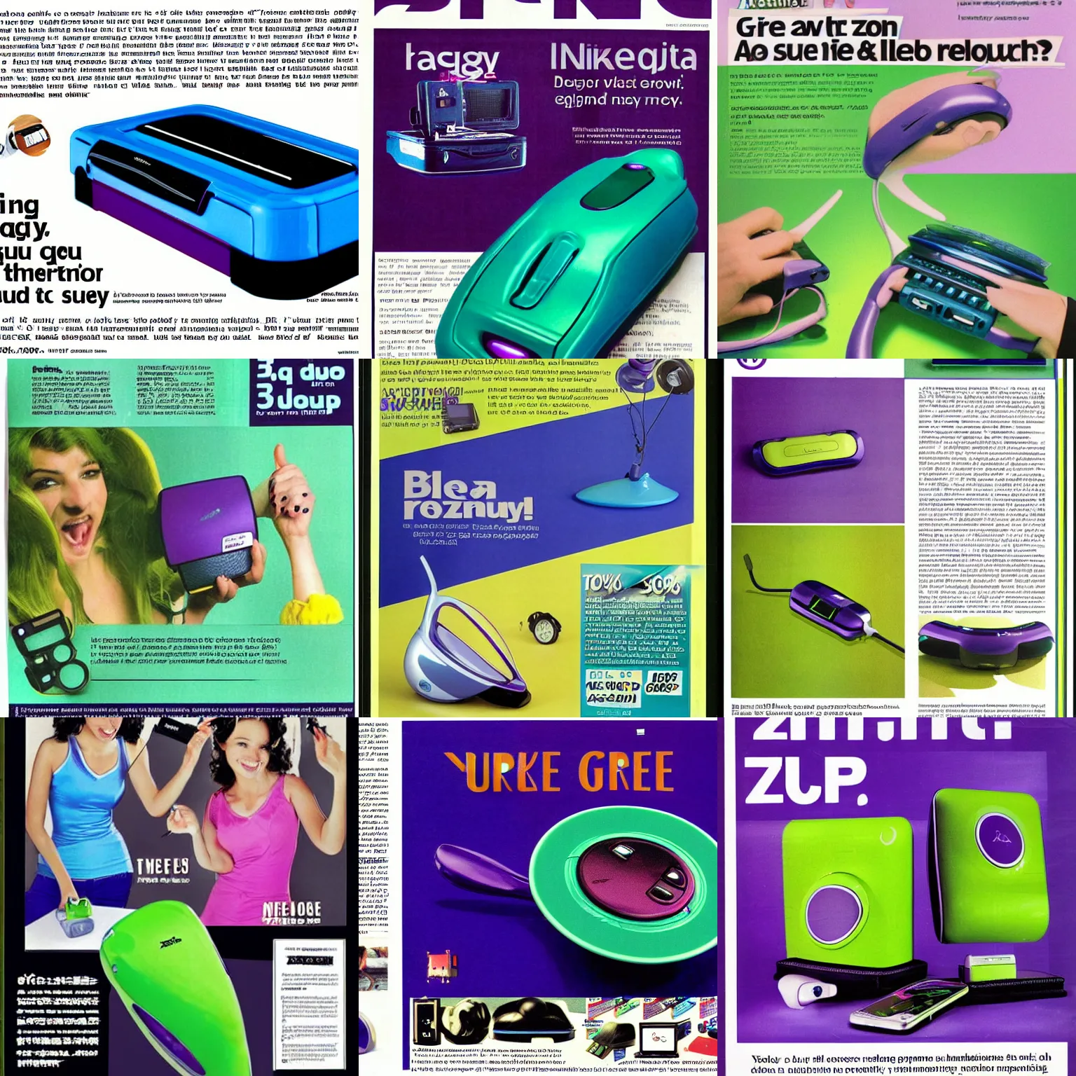 Prompt: a magazine ad from 2003 promoting a new gadget with a blue green and purple color scheme, wacky, zany