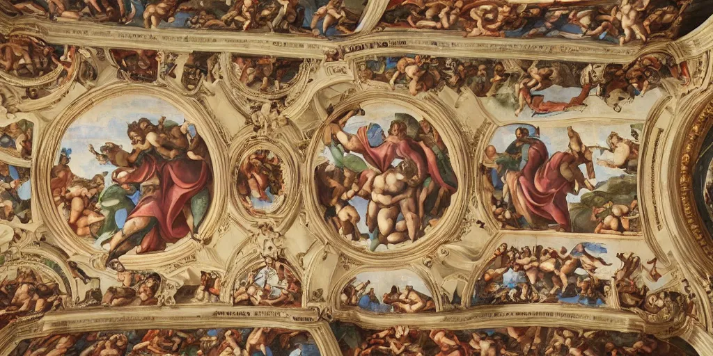 Image similar to intricate 2 1 savage sistine ceiling 1 5 0 8 chapel hand painting michelangelo renaissance