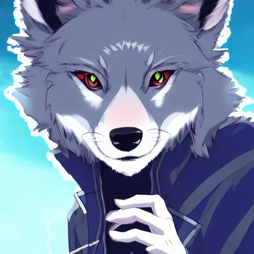 Image similar to key anime visual portrait of an anthropomorphic anthro wolf fursona, in a jacket, with handsome eyes, official modern anime art