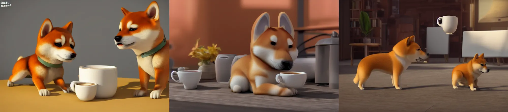 Prompt: shiba inu wishing everyone good morning with a coffee, pixar, 3d, animation, rendered with Redshift, Unreal Engine 5