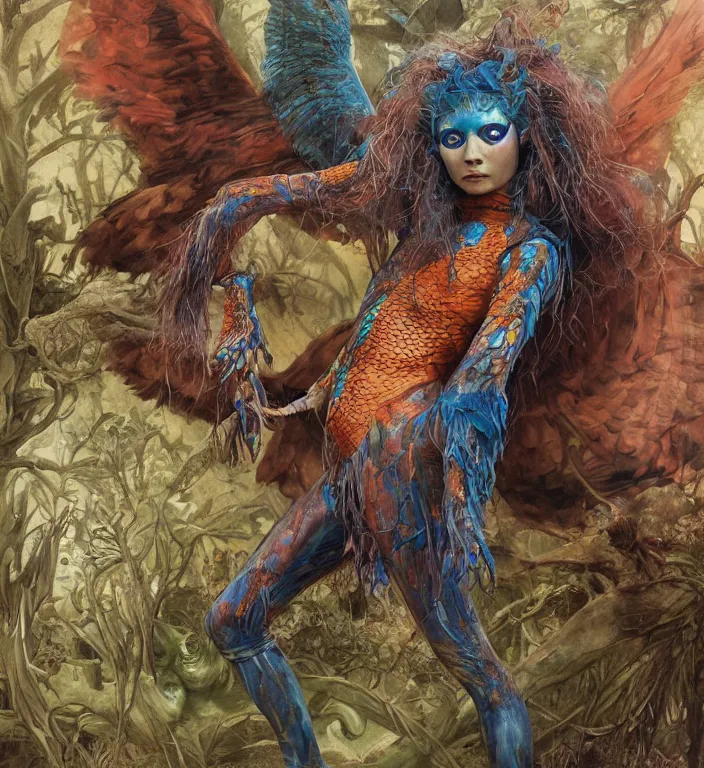 Prompt: a portrait photograph of sadie sink as a colorful harpy super hero with slimy mutated skin. she is trying on a amphibian organic catsuit and transforming into a feathered beast. by tom bagshaw, donato giancola, hans holbein, walton ford, gaston bussiere, peter mohrbacher and brian froud. 8 k, cgsociety