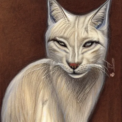 Prompt: sketch of white anthropomorphic lynx cat, portrait by Carlos Shwabe, furry fantasy art, 4k, trending on artstation