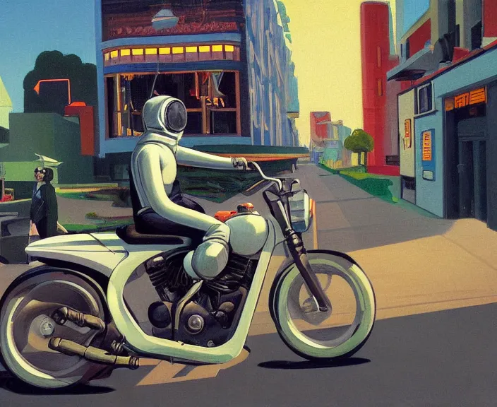 Image similar to a very detailed painting of a astronaut wearing a suit, riding a motorbike down a street, harley davidson motorbike, worm's - eye view, very fine brush strokes, very aesthetic, very futuristic, in the style of edward hopper and grant wood and syd mead, 4 k,