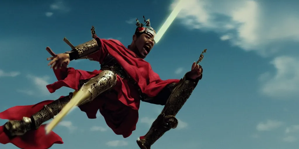 Image similar to a film still of a light skinned black man starring as an ancient samurai flying doing a flying kick, japanese blockbuster film, the sky is red, shallow depth of field, cinematic, award winning cgi, vfx, film still