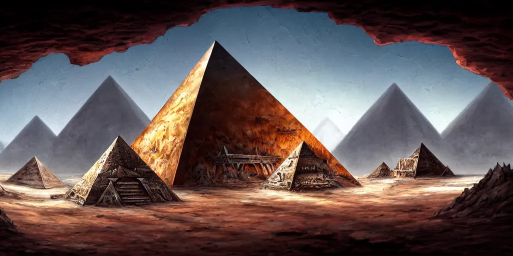 Image similar to a chrome pyramid inside a rusted cave mouth in the salt dunes, plants, ancient world, matte oil painting, merchant tents, canyons, science fantasy, rpg, epic, extremely detailed, sharp focus, 4 k