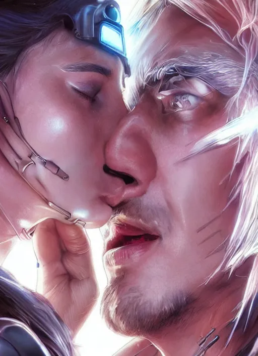 Prompt: ultra realistic extreme close - up of a couple of cyborgs kissing, lovers, cyberpunk, sci - fi, fantasy, kodak, photorealistic illustration, colour led, soft light, volumetric lighting, night, intricate, highly detailed, digital painting, concept art, smooth, sharp focus, illustration, art by artgerm and greg rutkowski and alphonse mucha