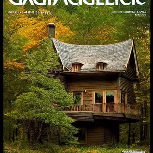 Image similar to national geographic cover photo of an weird house in the woods