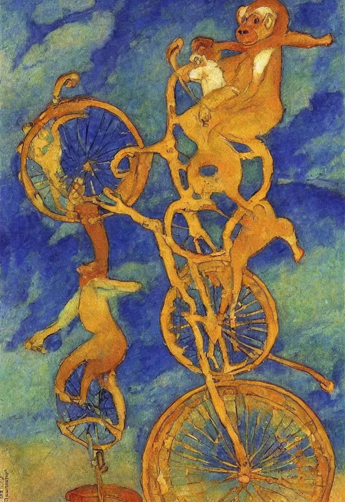 Image similar to a monkey riding a unicycle, Gustav Klimpt, color painterly