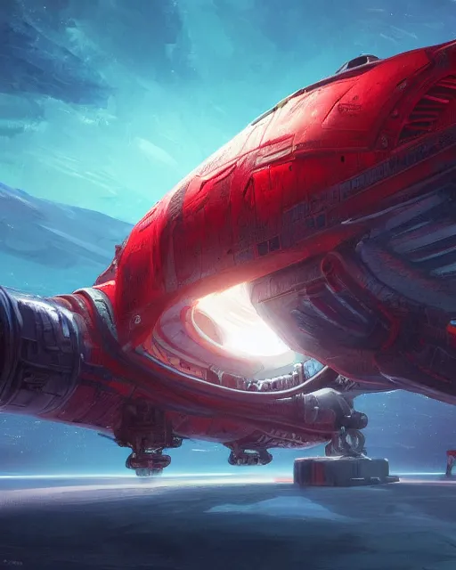 Image similar to legendary space ship, ice fish shape, desert planet, alien technology, cinematic, highly detailed, large blue engines, scifi, intricate digital painting, interesting angle, red glow, gigantic landing pad, scifi base, artstation, by johnson ting, jama jurabaev