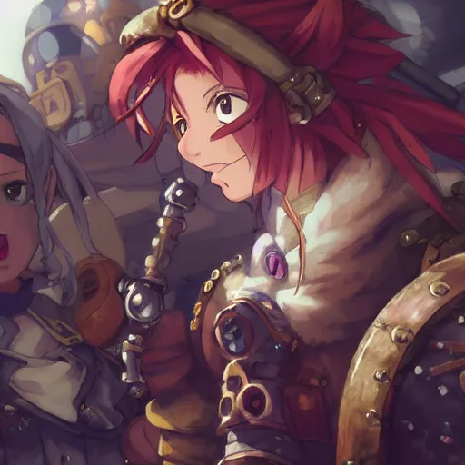 Prompt: steam punk, chrono trigger, detailed anime characters, starring crono, marle and ayla, vivid light, greg rutkowski, uhd, uhd uhd uhd, 8 k, shallow depth of field, intricate detail, concept art!