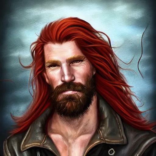 Prompt: portrait of a rugged!!!! male captain with long red hair!!!!!!, upper body, flowing hair, ethereal, handsome, smirk, leather coat, pirate!!!!!!!, ocean, D&D, fantasy, simple clothing!!!!, elegant, highly detailed, digital painting, deviantart, artstation, concept art, sharp focus, illustration, art by Artgerm and Greg Rutkowski and Alphonse Mucha