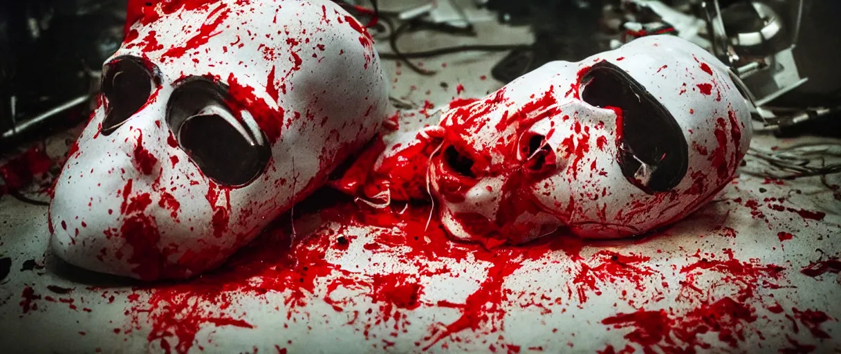 Image similar to filmic dutch angle movie still 4k UHD 35mm film color photograph of a freshly severed head with a pained expression, wearing a surgical mask , head is sideways on the floor soaked in blood, in the style of an extreme grotesque splatter horror movie