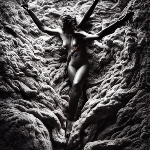 Prompt: realistic steams of lava, oozing out of a dark female figure in artistic poses, nature photography, mesmerizing, intricate, incredible, dynamic, ornate, taken by Annie Leibovitz, DMT realm, fear of unknown, highly detailed, 8k, trending on pinterest,