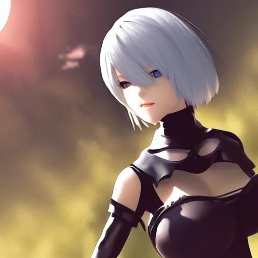 Image similar to 2B from NieR Automata looking at a sundown