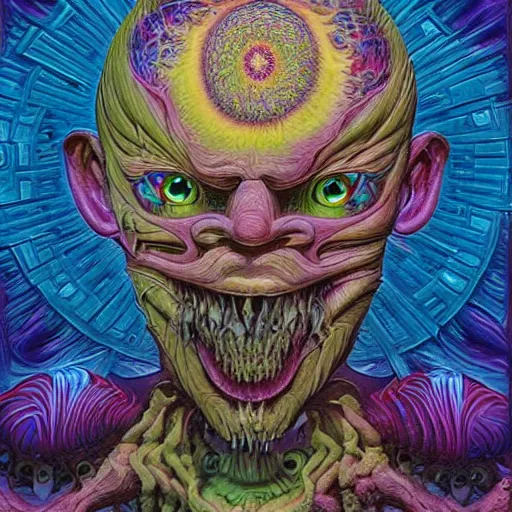 Prompt: hypercomplex floating horror head made out of blocks, submerged with psychedelic phantoms in fluid, horror art, surrounded by lush flora, by alex grey and lisa frank and karol bak and giger