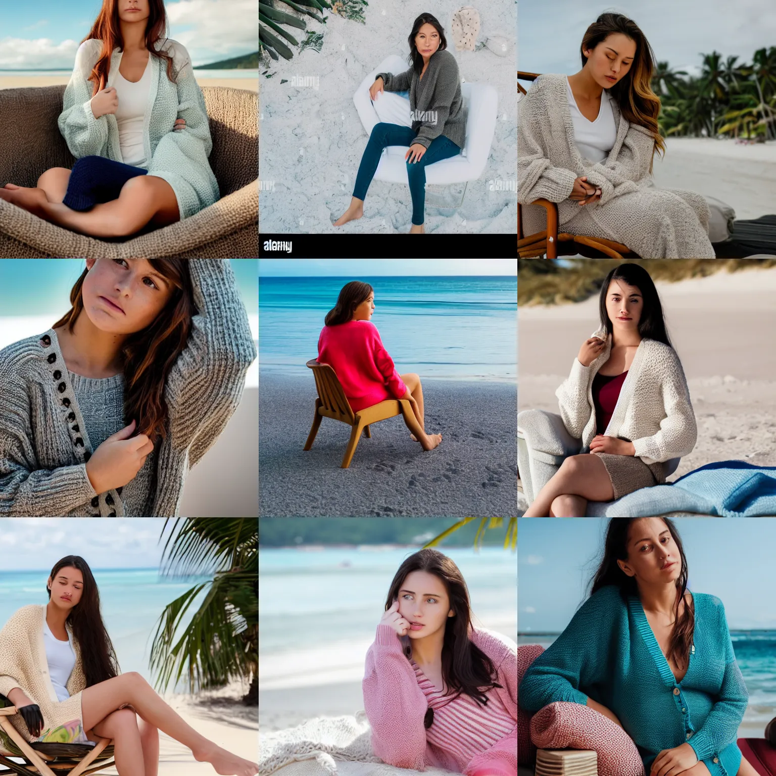 Prompt: a famous young woman wearing a thick knit sweater and cardigan, she is shivering cold with her arms crossed across her chest, in a lounge chair on a tropical beach in summer, midday, natural lighting, trending photo, 4k, 8k, 85mm lens