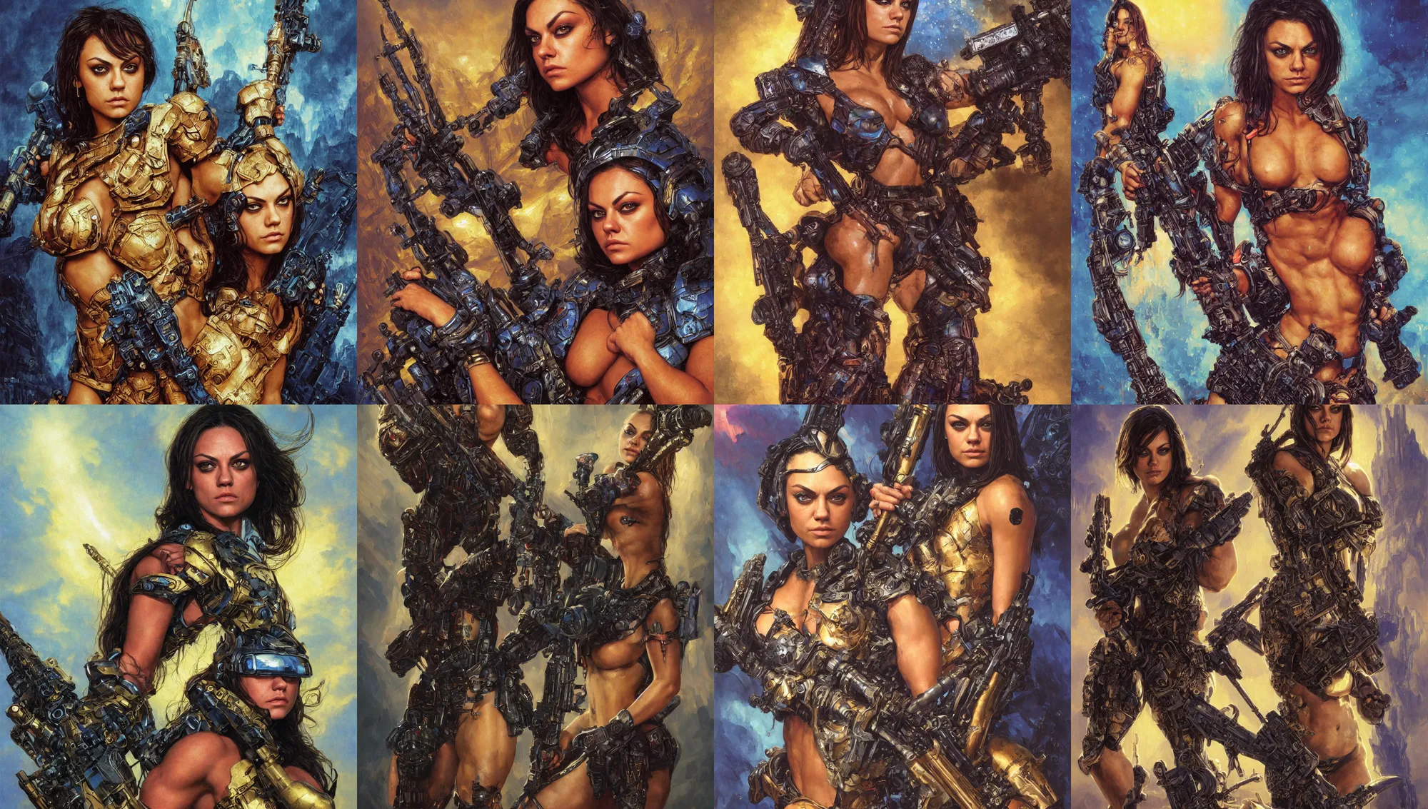 Image similar to bodybuilder mila kunis closeup portrait of a beautiful biblical diabolical girl holding a large cyber rifle, visor, neon armor, golden hour, gerald brom, mikhail vrubel, peter elson, bright warm colors, extreme detail, light rain, trending on artstation, 8 k