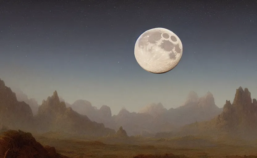 Prompt: moon landscape, close up shot, rocky, at dusk, distant mountains, 4k, rule of thirds, extreme detail, hazy, intricate ink illustration, surreal, surrealist, trending on artstation, cgsociety, hd, calm, complimentary colours, realistic lighting, by Albert Bierstadt, Frederic Edwin Church.