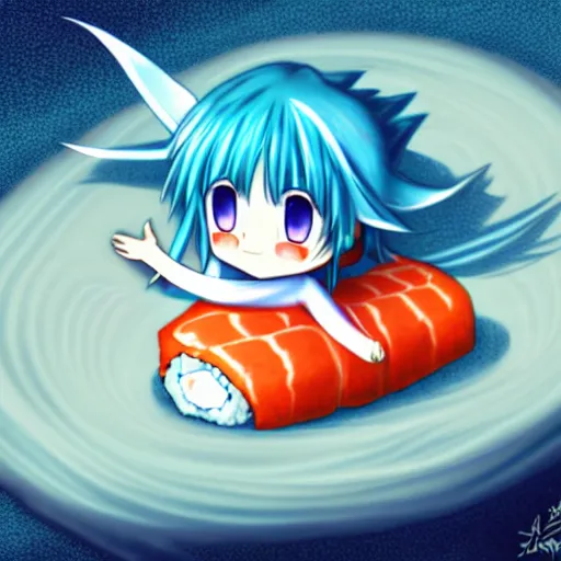 Prompt: cirno sitting on a giant sushi roll, digital art, 4K