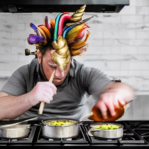 Image similar to photo of a chef cooking a unicorn inside a metal pot on a stove