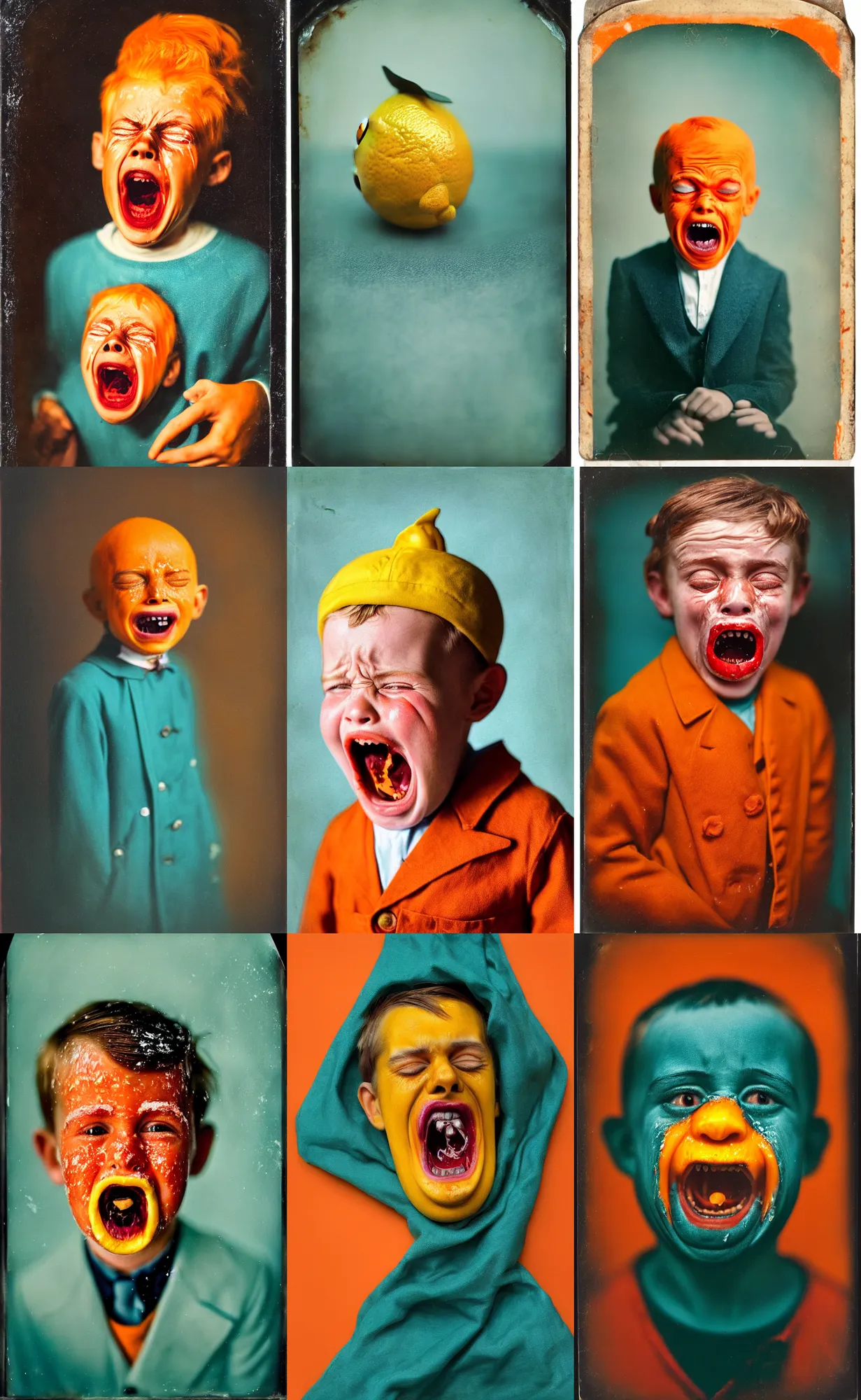 Image similar to kodak portra 4 0 0, wetplate, 8 k, shot of a highly detailed, britt marling style, colour still - life portrait of a lemon looks like a handsome screaming 8 year old crying boy in a dangerous snow hell fire storm, dracula teeth, 1 9 2 0 s cloth, 1 9 2 0 s hair, teal and orange, muted coloures