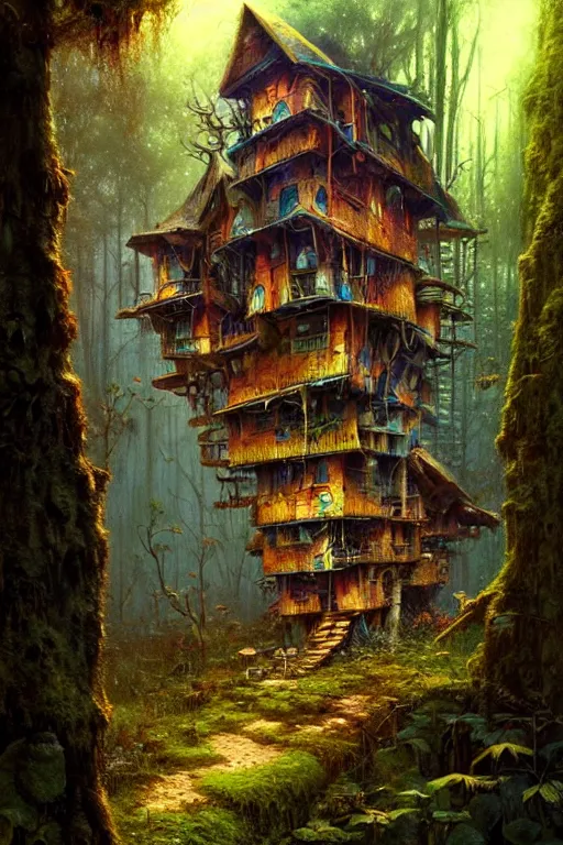 Prompt: a ramshackle multistory fairytale hut in the forest by Bruce Pennington, highly detailed, digital painting, concept art, sharp focus, artstation