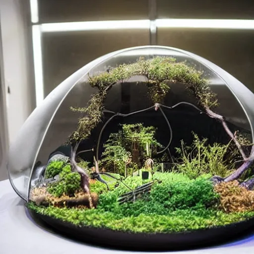 Image similar to a large terrarium with a diorama of a nuclear power station inside on top of a minimalist table, lit from the side