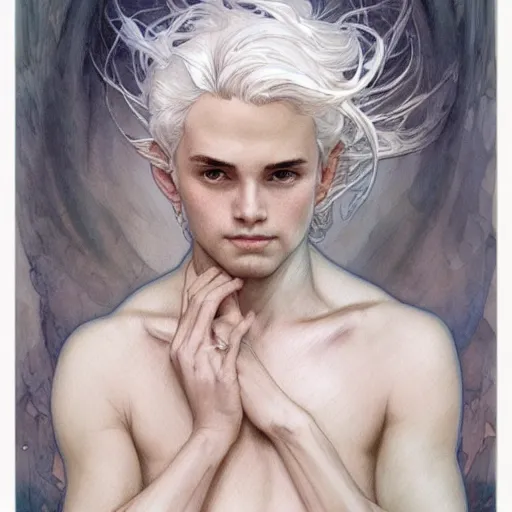 Prompt: young boy, white hair, gorgeous, amazing, delicate, elegant, intricate, highly detailed, watercolor, portrait, artstation, concept art, sharp focus, illustration, art by artgerm and greg rutkowski and alphonse mucha