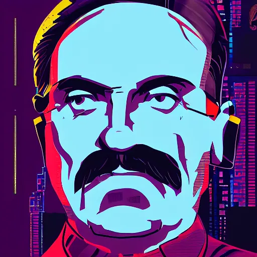 Image similar to cyberpunk joseph stalin as the leader of a futuristic communist society, cybernetics, sharp lines, digital, artstation, colored in