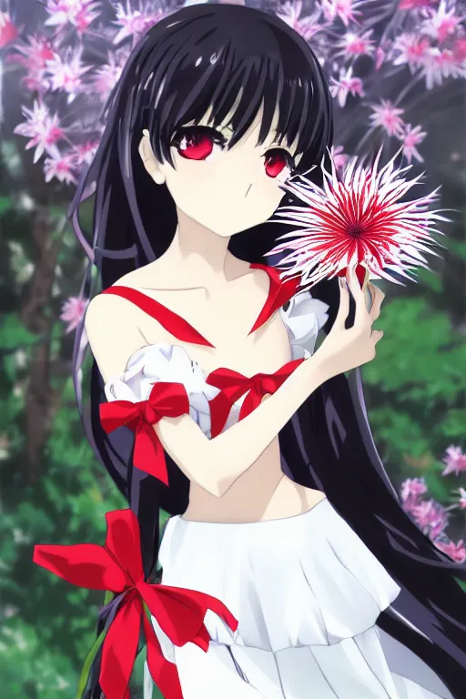 Image similar to Key anime visual of a beautiful girl with black hair and red eyes holding a spider lily; wearing white blouse with black tie; trending on Pixiv; digital art