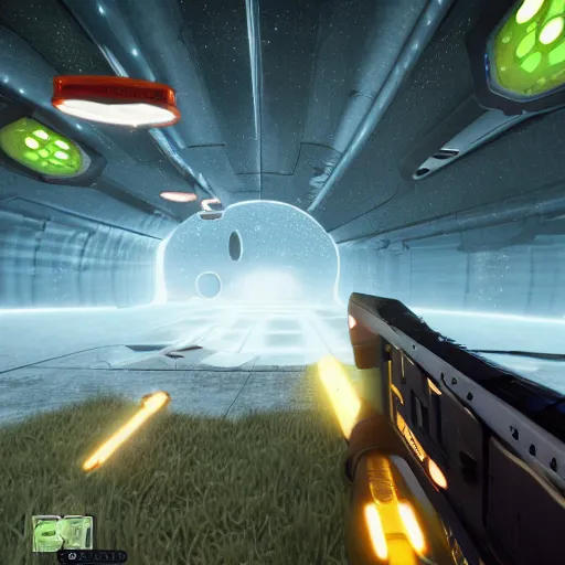 Image similar to a first person shooter game in amongus spaceship