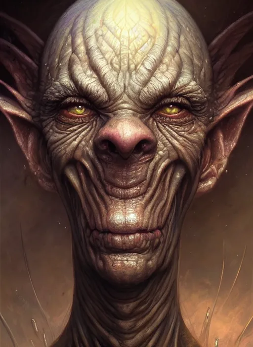 Prompt: closeup portrait shot of a goblin in a scenic dystopian environment, intricate, elegant, highly detailed, centered, digital painting, artstation, concept art, smooth, sharp focus, illustration, artgerm, tomasz alen kopera, peter mohrbacher, donato giancola, joseph christian leyendecker, wlop, boris vallejo