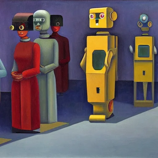 Prompt: robots queue up for eye scanner, grant wood, pj crook, edward hopper, oil on canvas